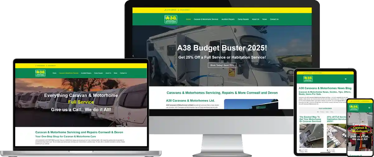 A38 Caravans & Motorhomes Services Cornwall and Devon Responsive Website Designs